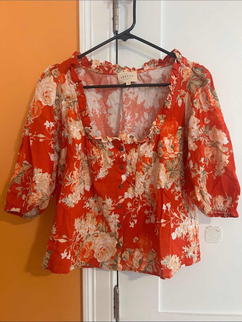 Sezane Kellia Floral Ruffle Button Blouse